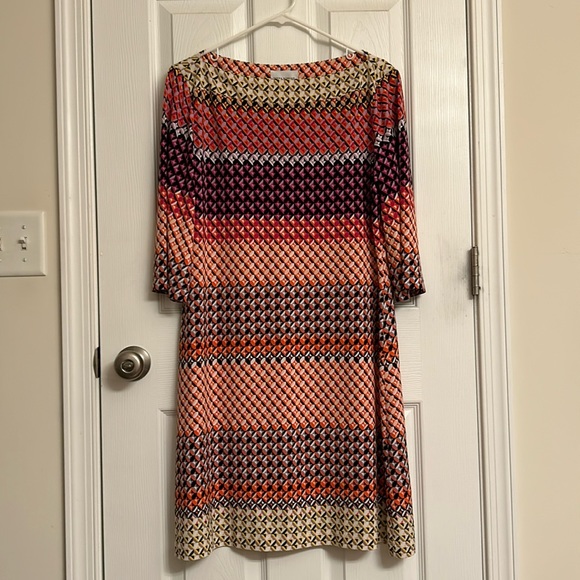 Donna Morgan Orange Pink Chevron Print 3/4 Length Sleeve Shift Dress Size 14 EUC - Picture 1 of 7